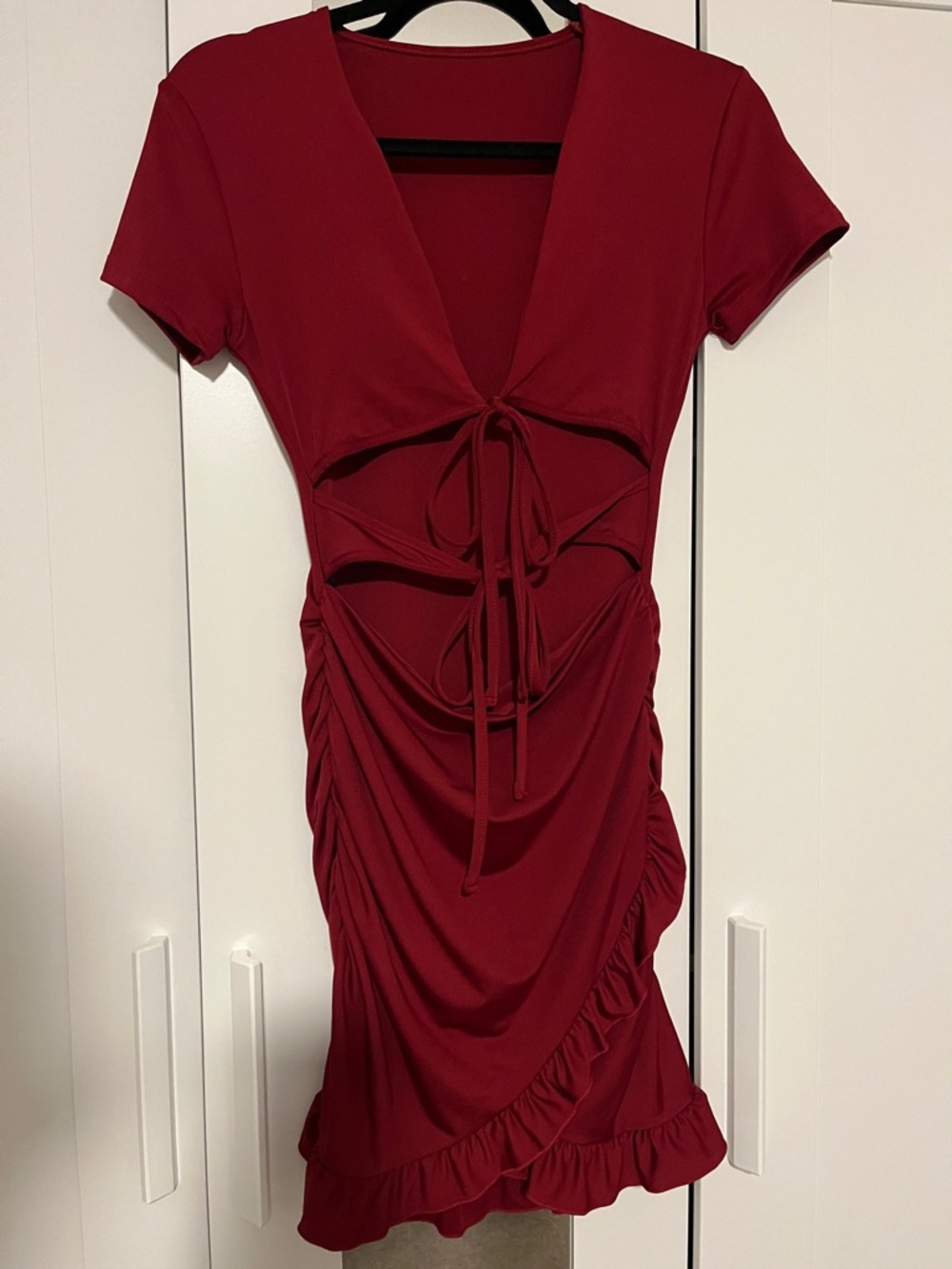 Tie-Front Ruched Mini Dress in Wine